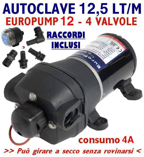 Autoclave 12,5 LT/Min 12V EUROPUMP 12 - 4A 2.45 Bar 4 Valvole autoaspirante