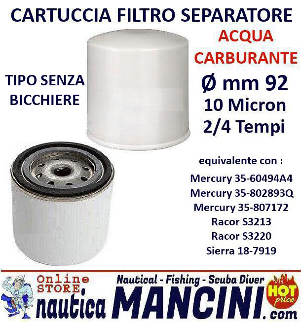 Filtro Benzina Cartuccia di Ricambio Ø 92 mm per Filtro Separatore 145mm tipo senza bicchiere