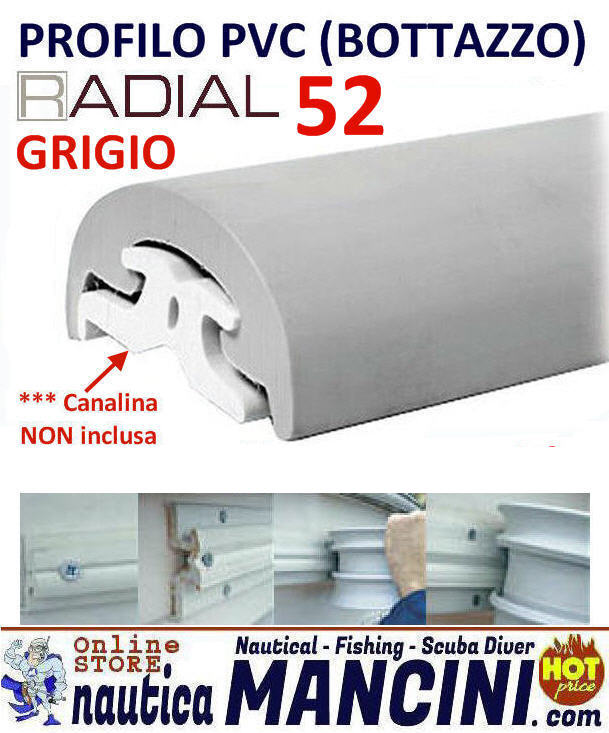 Bottazzo Radial 52 - Profilo Parabordo PVC Semirigido Altezza mm 52 (sporgenza 29) Grigio - Bobina da 12 metri