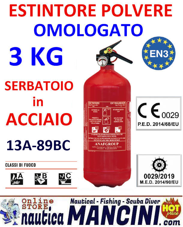 ESTINTORE A POLVERE 2 kg OMOLOGATO A/13 - B/89 - C CON MANOMETRO